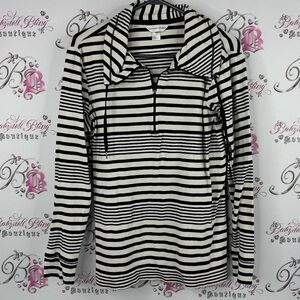 Christopher & Banks top long sleeve Black White Striped zip Down Shirt sweater